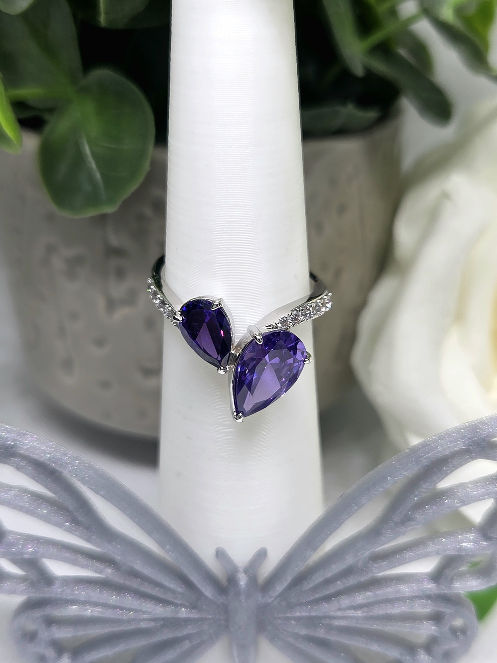 BP Pear Cut Amethyst CZ Bypass Ring On Rhodium Plating